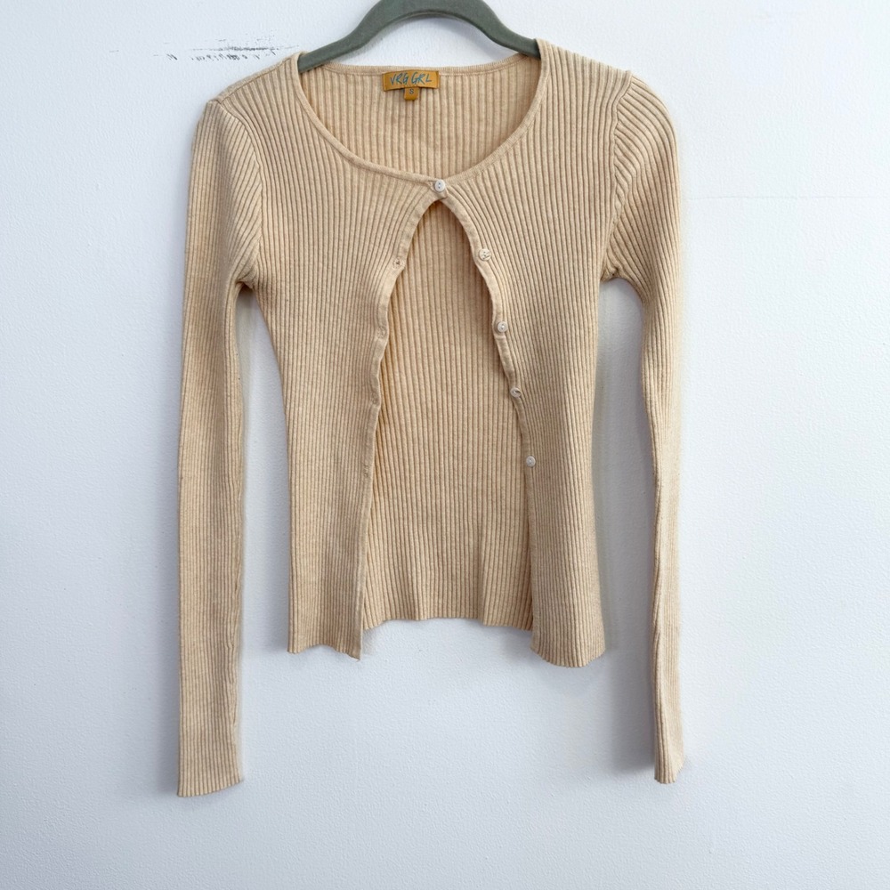 VRG GRL Ribbed Button Front Knit Cardigan Beige Size Small